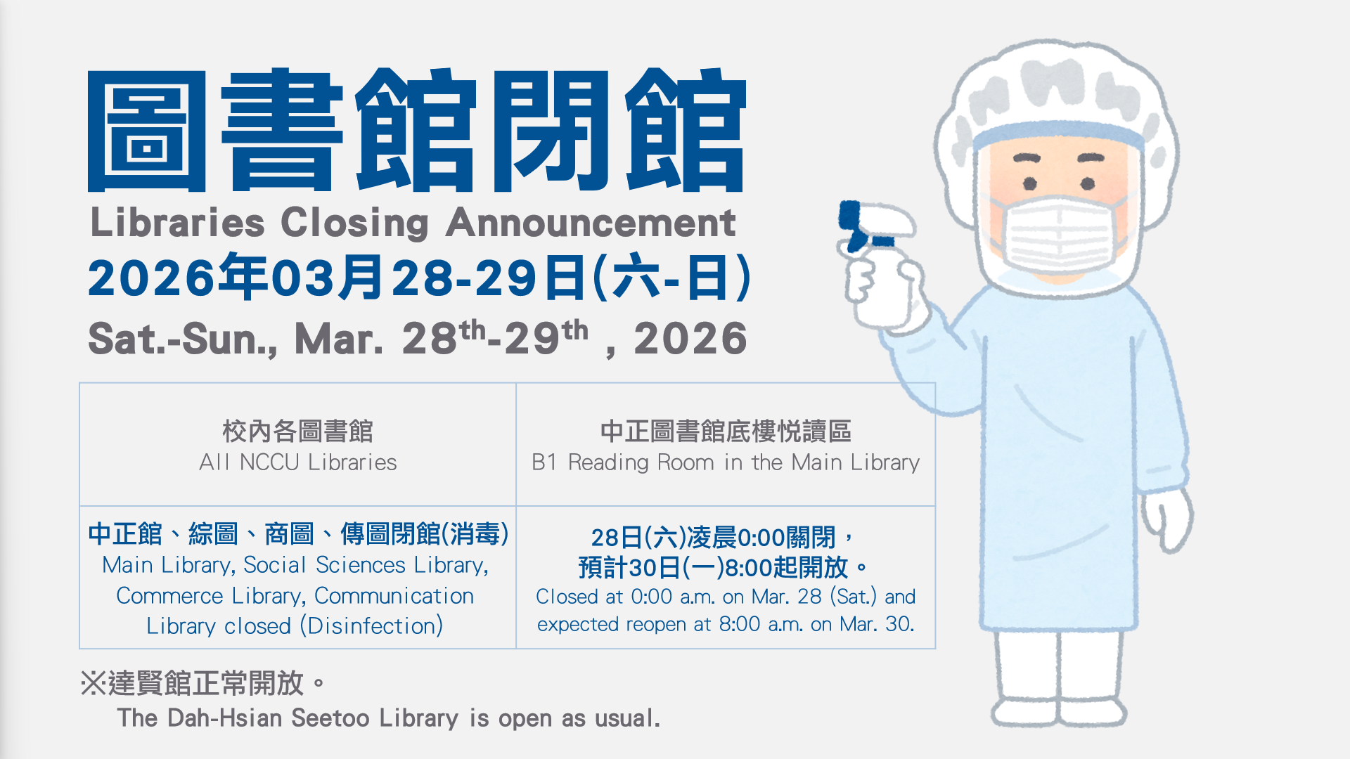 中正館、綜圖、商圖、傳圖消毒閉館(2026/03/28-29) 達賢館正常開放