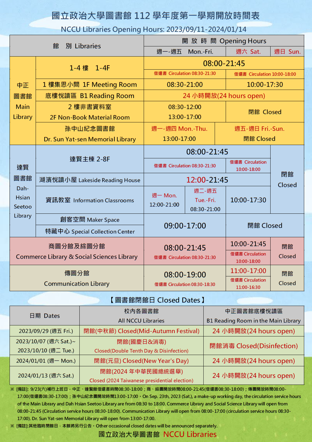 112學年度第1學期開放時間表(2023/09/11-2024/01/14)