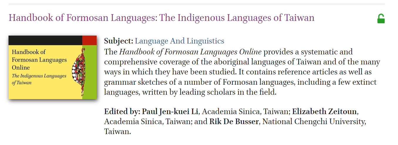Handbook of Formosan Languages: The Indigenous Languages of Taiwan