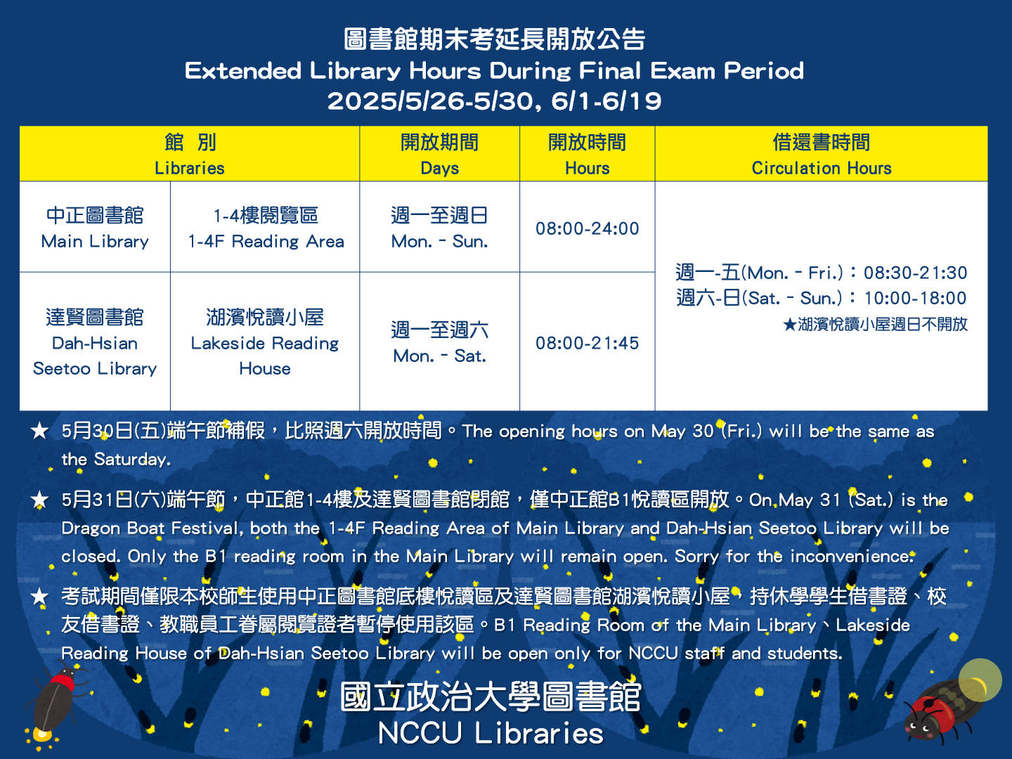 期末考延長開放公告(2025/05/26-5/30, 6/1-6/19)